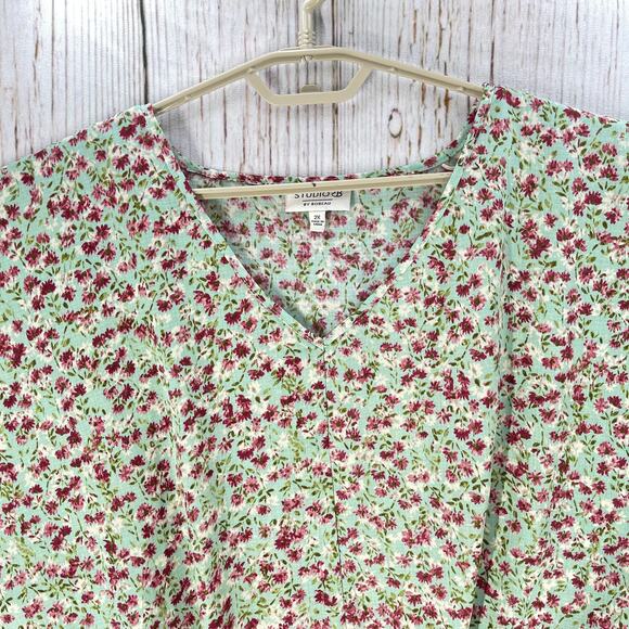 Bobeau Top Plus 2X Green Pink Floral Twist Front Cottage Fairy Short Sleeves - Picture 2 of 7